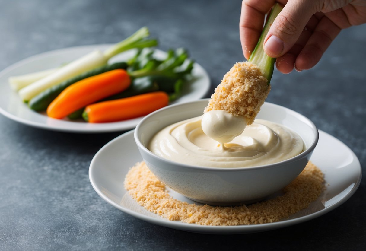 A bowl of mayo sits next to a plate of assorted vegetables. A hand dips a vegetable into the mayo, then coats it in breadcrumbs