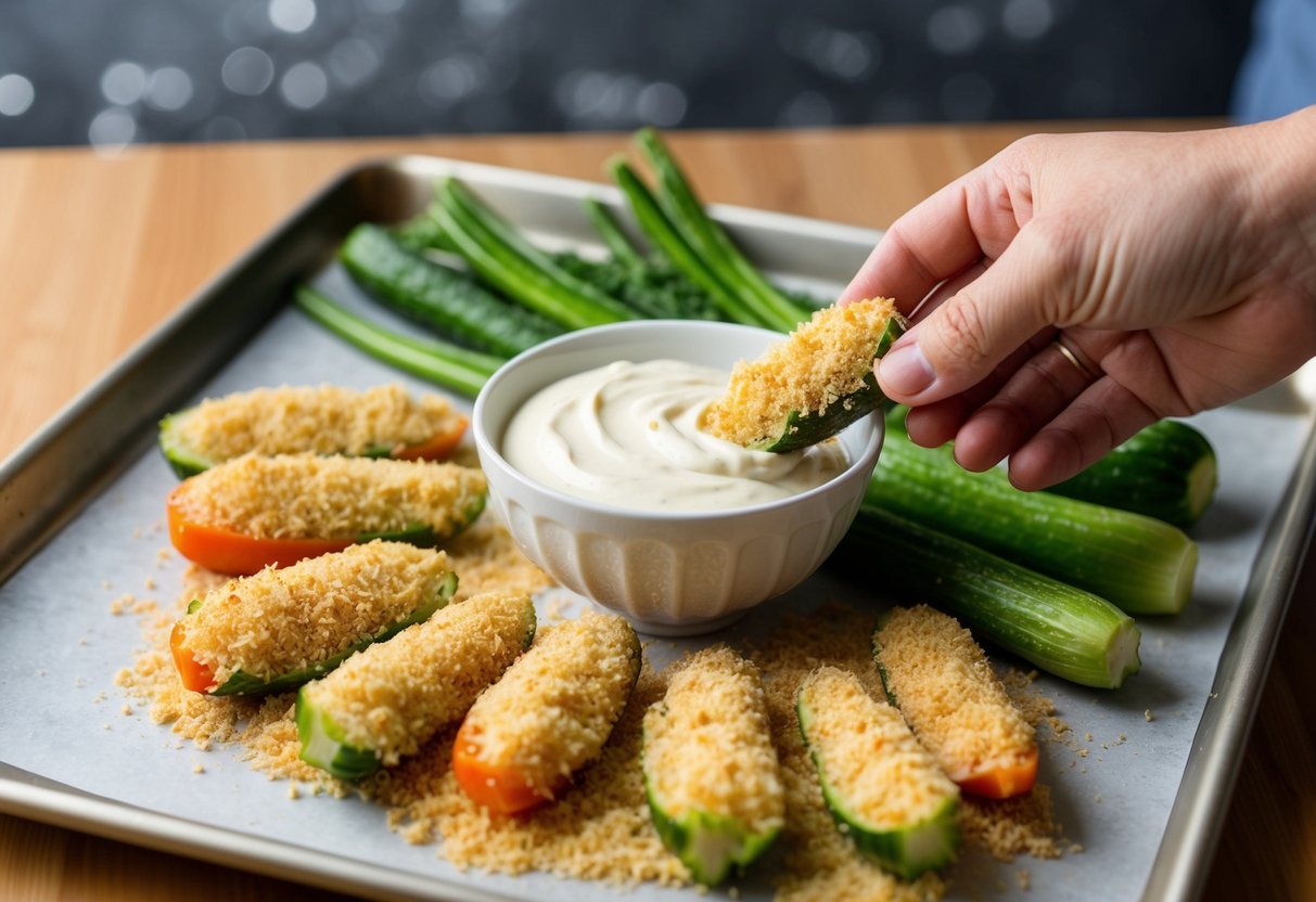 Fresh vegetables being dipped in a bowl of mayonnaise, then coated with breadcrumbs before being placed on a baking sheet