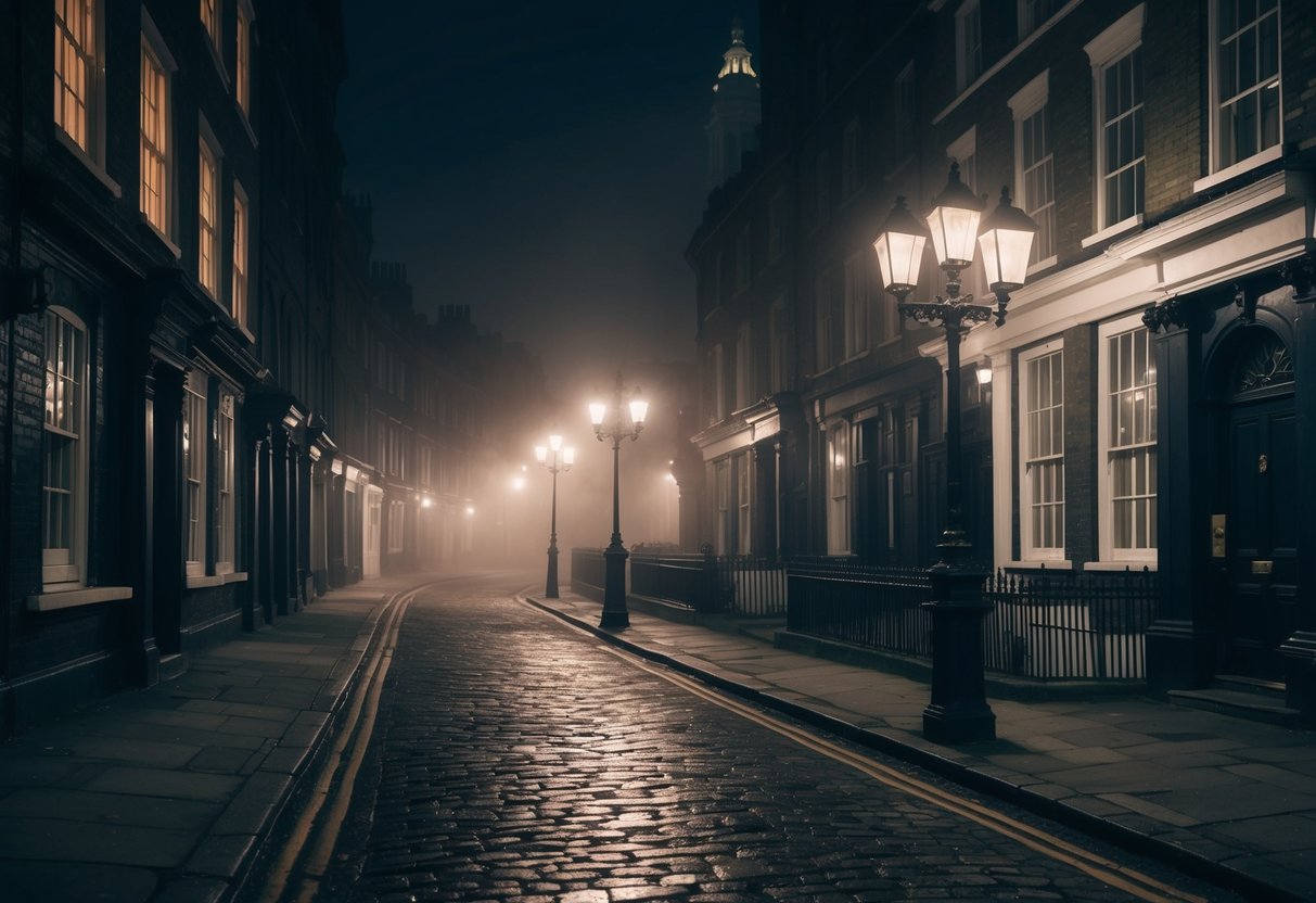 A foggy Victorian London street at night, with gas lamps casting eerie shadows on cobblestones. Dark alleyways and looming buildings create an atmosphere of mystery and fear