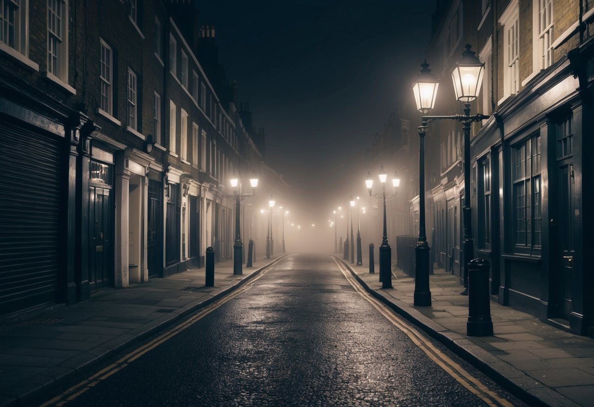 A foggy London street at night, with gas lamps casting an eerie glow. Dark alleys and narrow cobblestone paths create a sense of mystery and danger