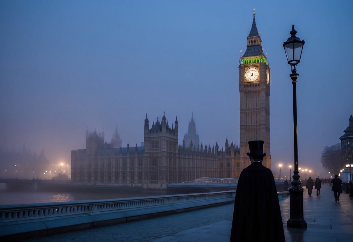 A foggy night in London, with the silhouette of Big Ben and the Tower of London in the distance. A figure in a top hat and cloak lurks in the shadows