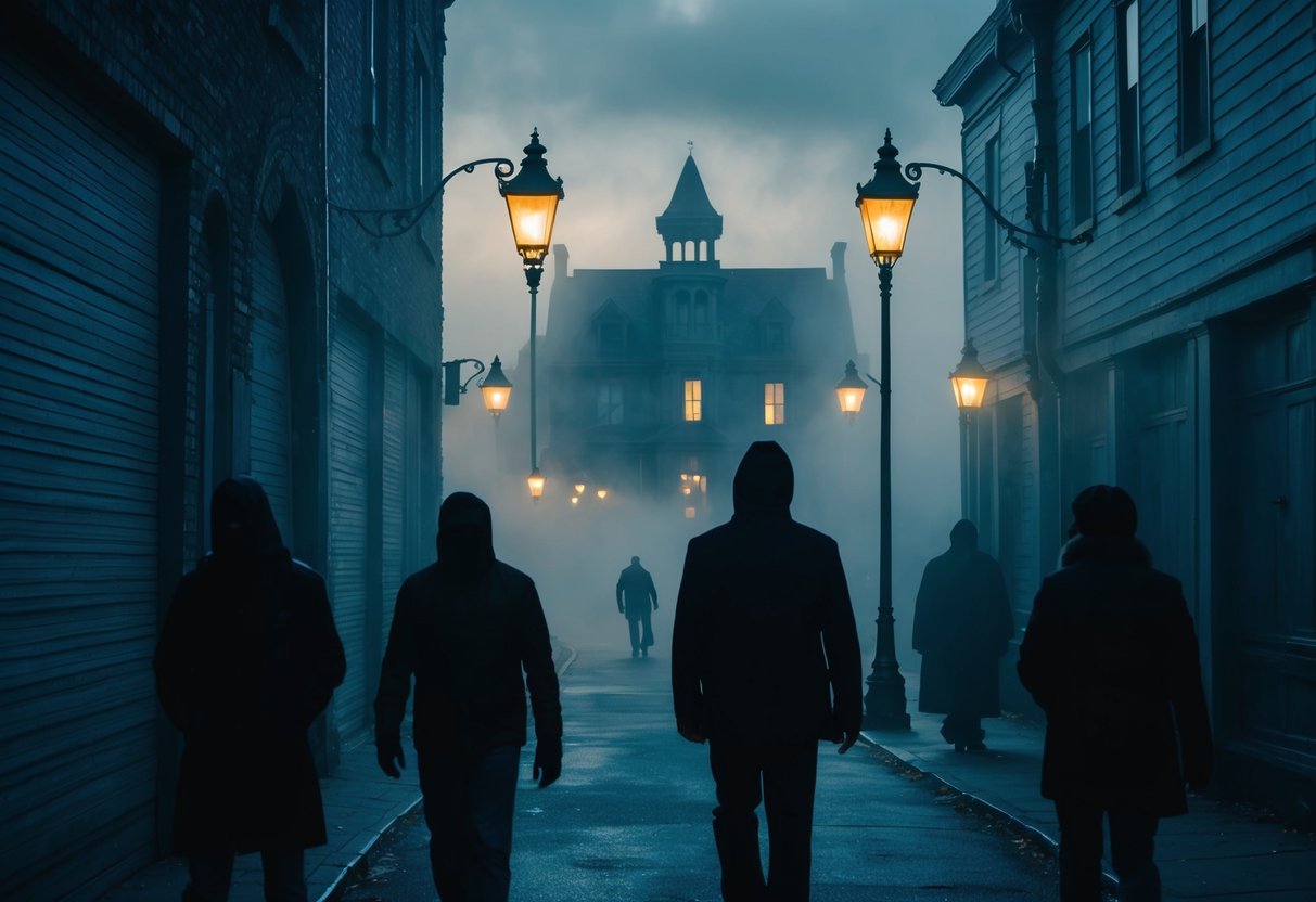 A misty alleyway with shadowy figures and flickering streetlights, a dark silhouette of a haunted mansion looming in the background