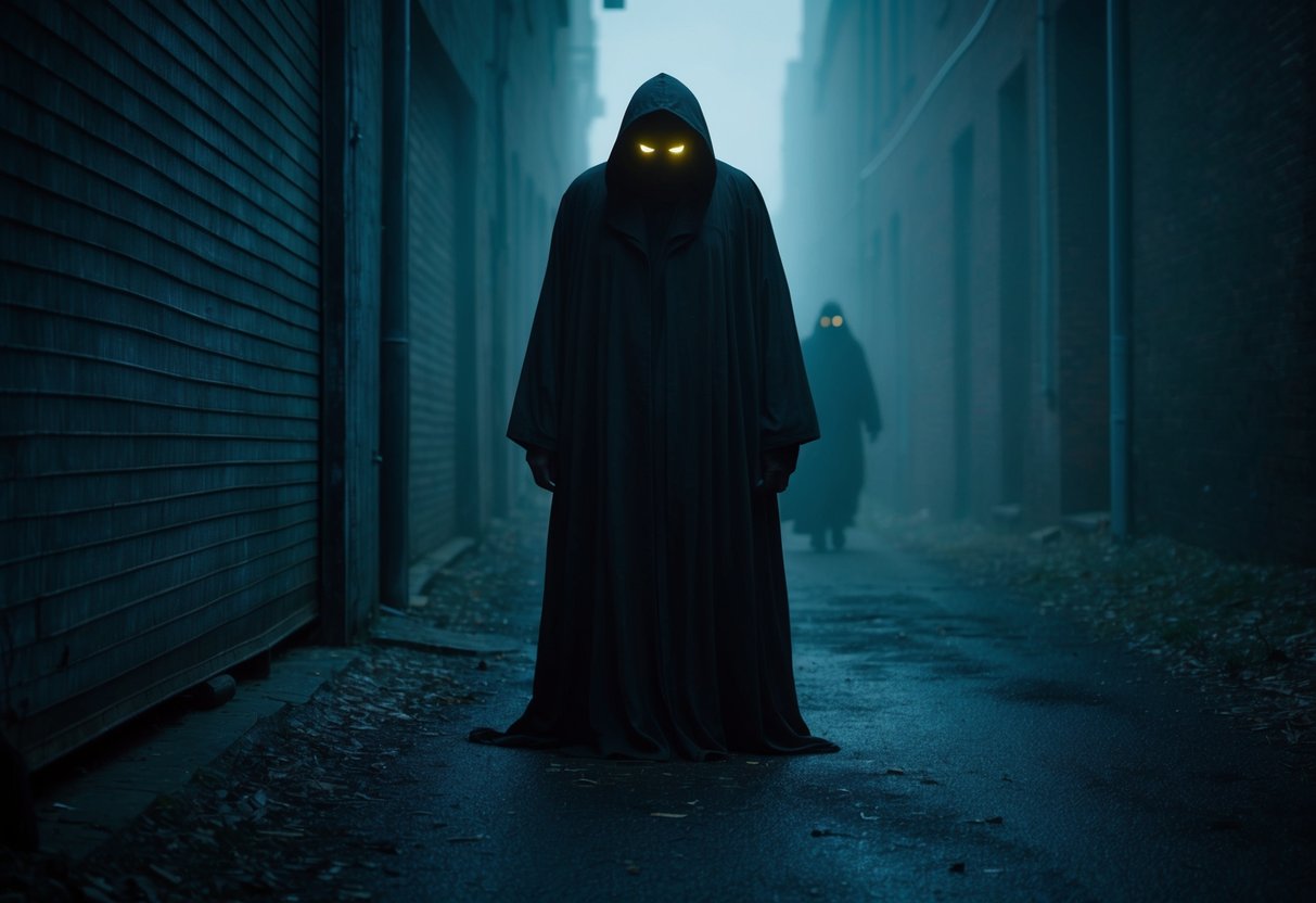 A shadowy figure lurks in the foggy alley, its glowing eyes peering out from the darkness. Strange, otherworldly creatures slink through the abandoned streets, leaving behind a trail of eerie whispers