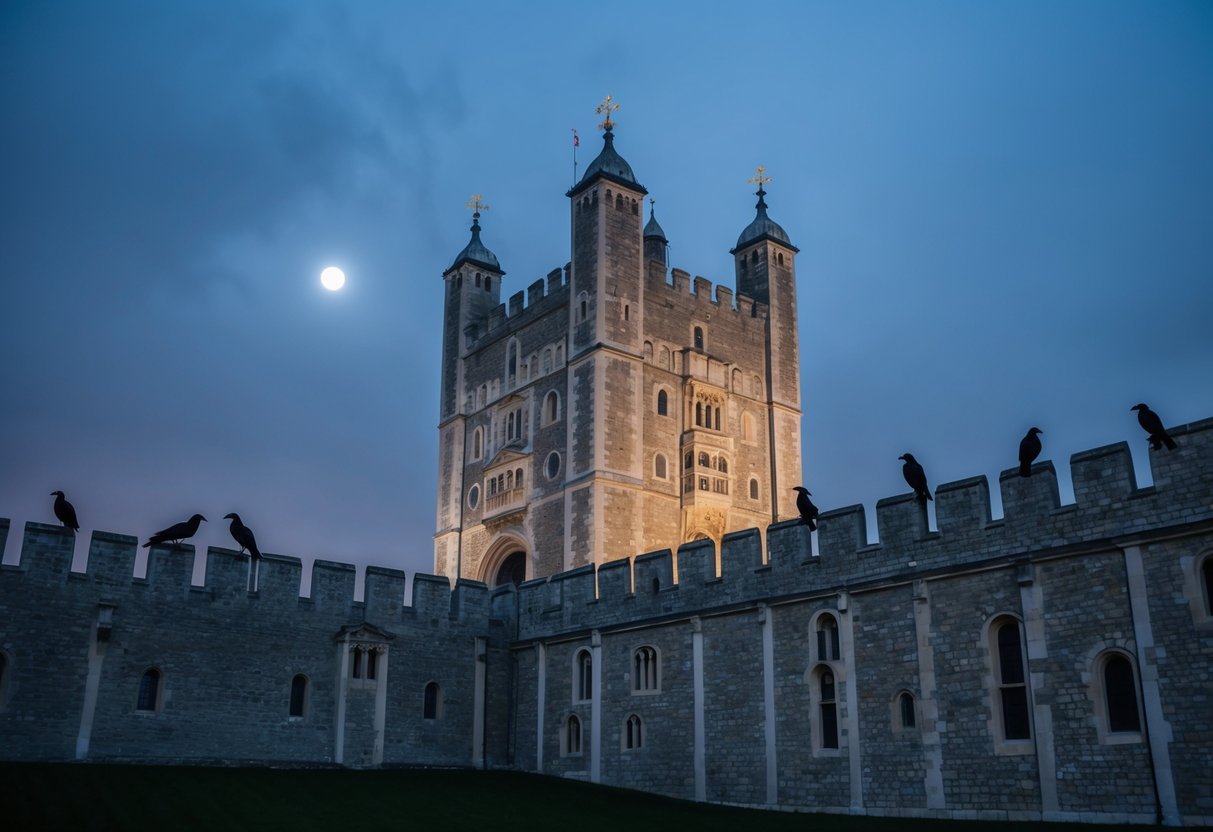 The Tower of London at night, shrouded in mist with ravens perched on the ancient battlements. Moonlight casts eerie shadows on the imposing stone walls, creating an atmosphere of mystery and foreboding