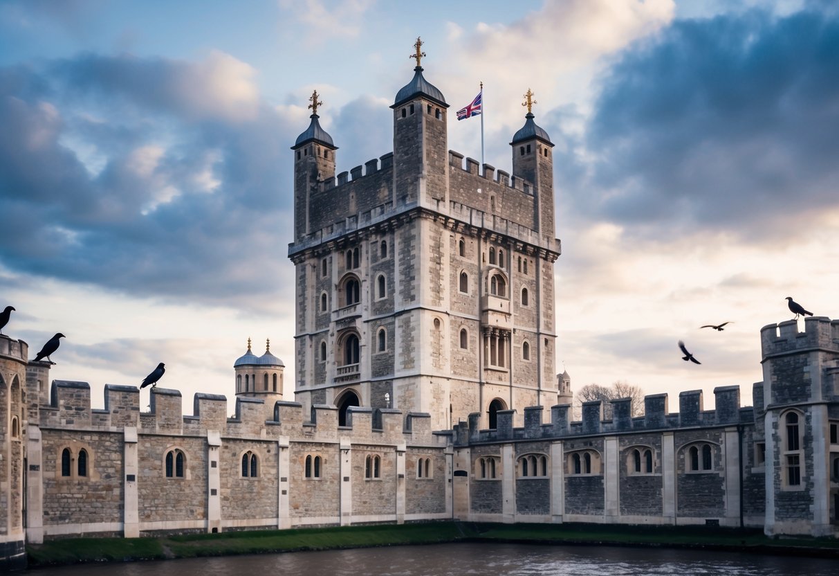 The Tower of London stands tall and foreboding, surrounded by a moat and stone walls. Ravens perch on the battlements, adding an air of mystery to the ancient fortress