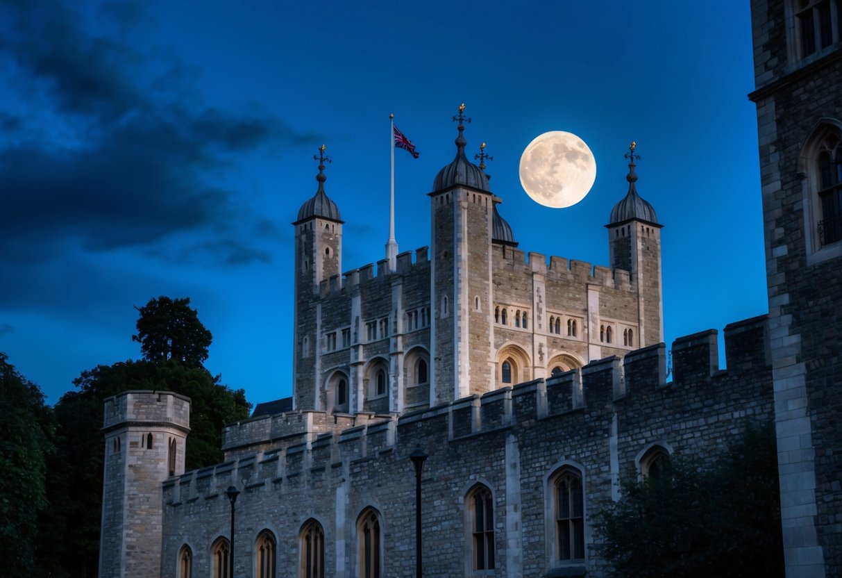 A full moon shines over the ancient Tower of London, casting eerie shadows on its looming walls. A sense of mystery and history permeates the air, as if the very stones hold whispered tales of the past