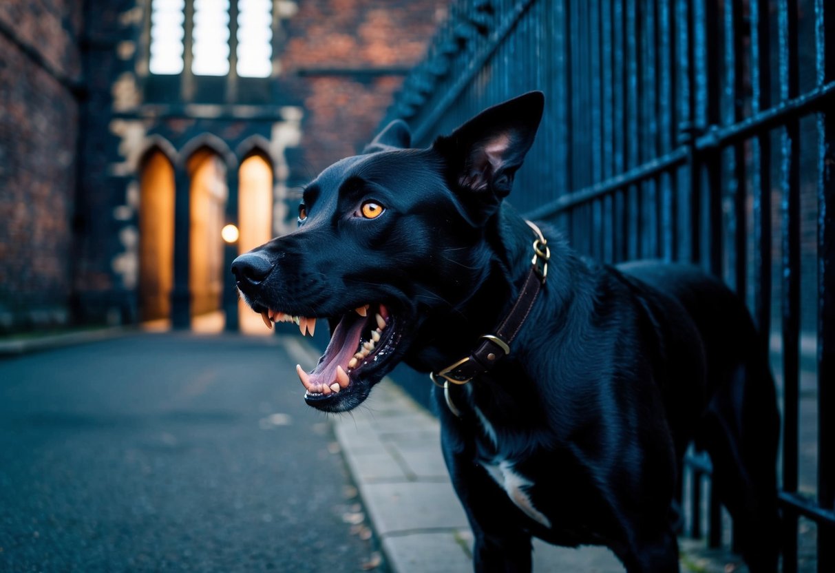 A menacing black dog lurks outside the looming walls of Newgate Prison, its glowing eyes and snarling fangs striking fear into the hearts of all who pass by