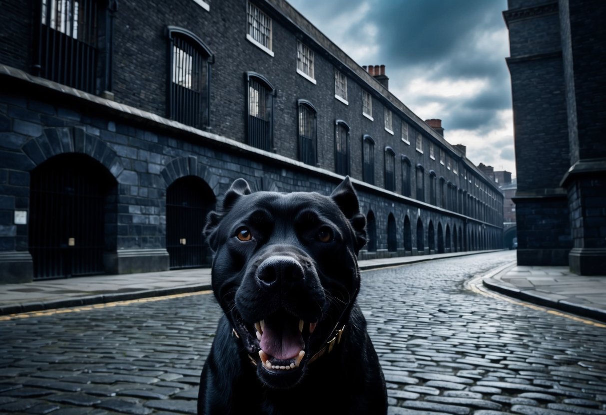 The dark, imposing walls of Newgate Prison loom over the cobblestone streets. A shadowy, menacing figure of a snarling black dog lurks in the foreground, evoking fear and dread