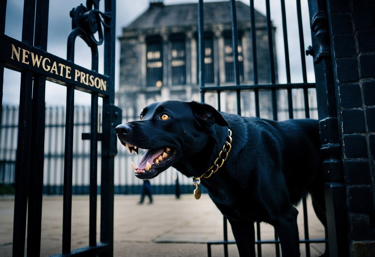 A shadowy black dog looms menacingly outside the gates of Newgate Prison, its glowing eyes and bared teeth striking fear into the hearts of onlookers