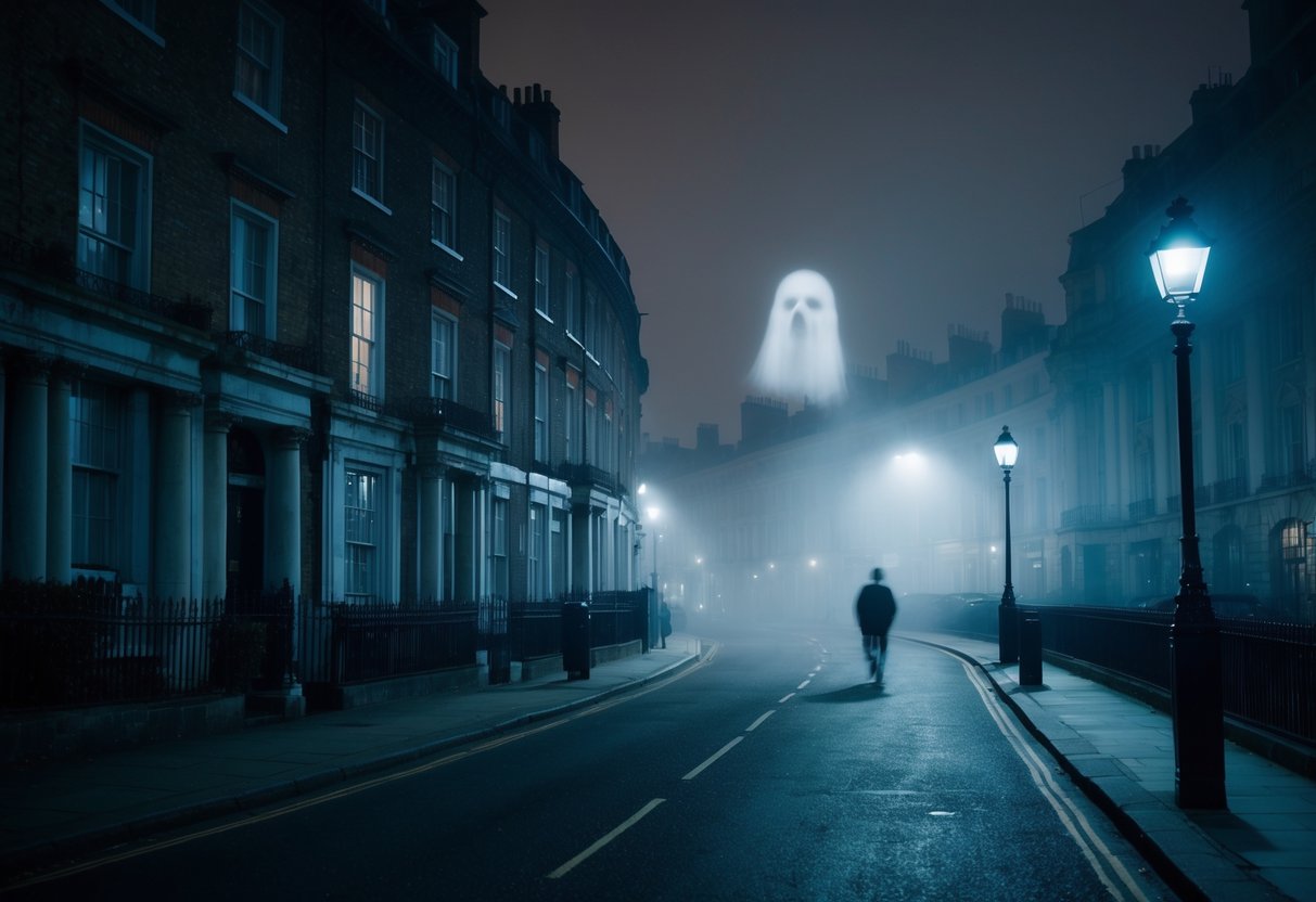 A foggy London street at night, with old, eerie buildings looming in the background. A faint, ghostly figure is seen floating through the mist, sending shivers down the spine