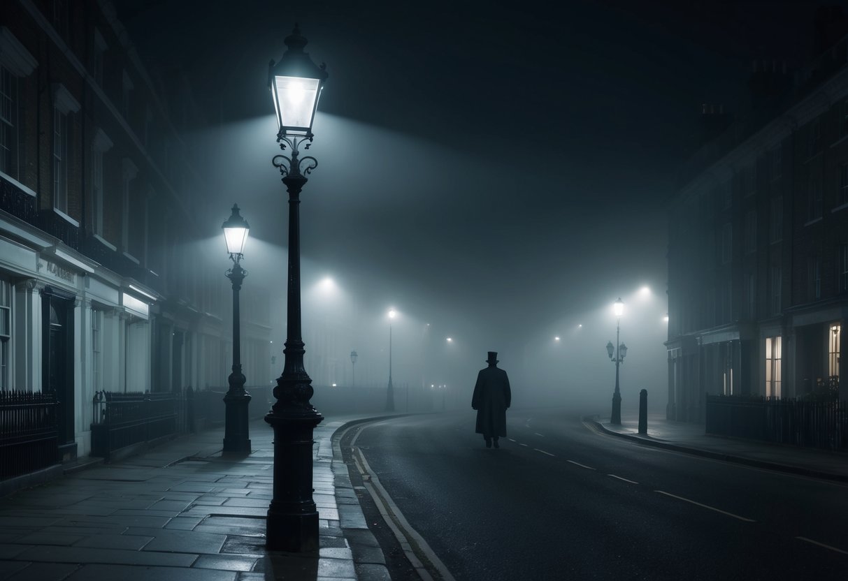 A foggy London street at night, with a Victorian-era lamppost casting eerie shadows. An ominous figure looms in the distance, surrounded by a sense of haunting mystery