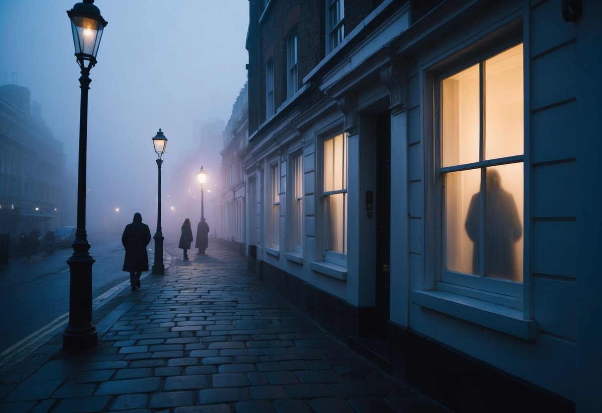 A foggy London street, cobblestone and gas lamps, with shadowy figures lurking in the mist. A ghostly figure appears in a window, casting an eerie glow