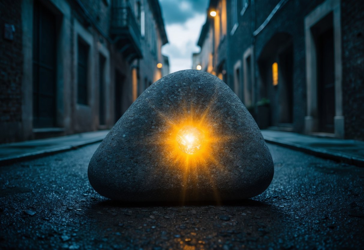 A mysterious stone sits in a dark alley, emanating an eerie glow. Surrounding buildings appear ancient and foreboding, hinting at the origins of the curse