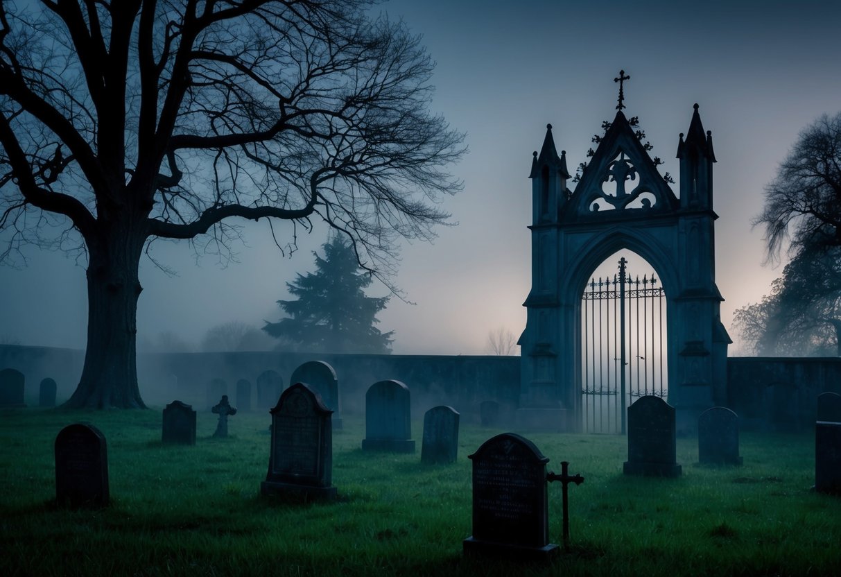 A misty graveyard at night, with an old gothic gate looming in the background. Eerie shadows cast by gnarled trees add to the atmosphere of mystery and fear