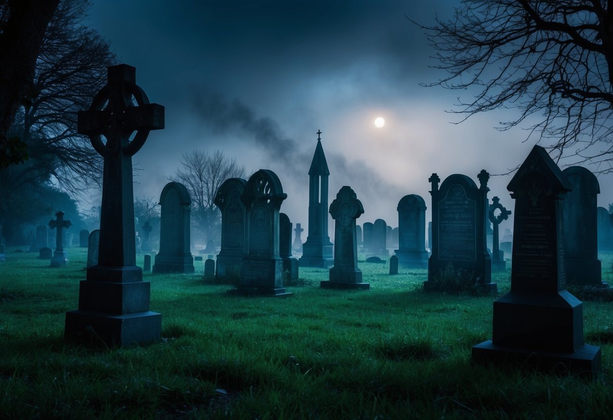 A dark, gothic cemetery at night, with overgrown tombstones and eerie mist swirling around. A sense of foreboding and mystery permeates the atmosphere