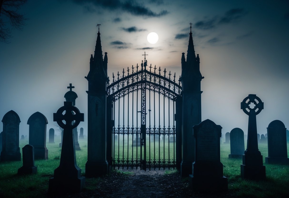 A misty graveyard at night, with an old Gothic gate and eerie tombstones. Shadows cast by moonlight create an atmosphere of mystery and fear