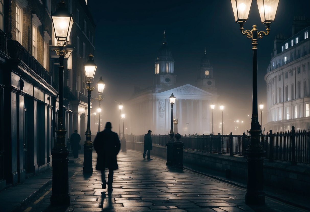 A foggy London street at night, dimly lit by gas lamps. A shadowy figure lurks in the background, while a mysterious old building looms in the distance