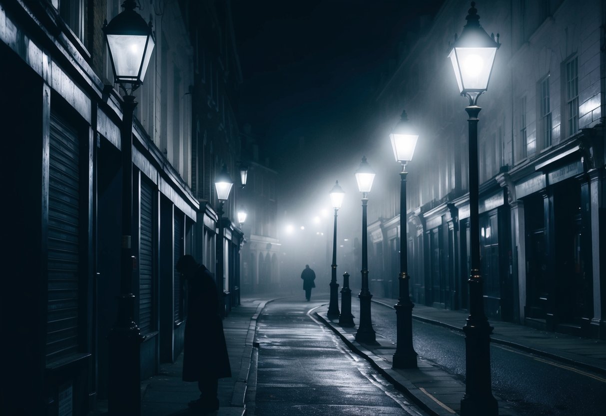 A foggy London street at night, with dimly lit gas lamps and shadowy alleyways. The silhouette of a figure lurking in the darkness, evoking a sense of mystery and fear