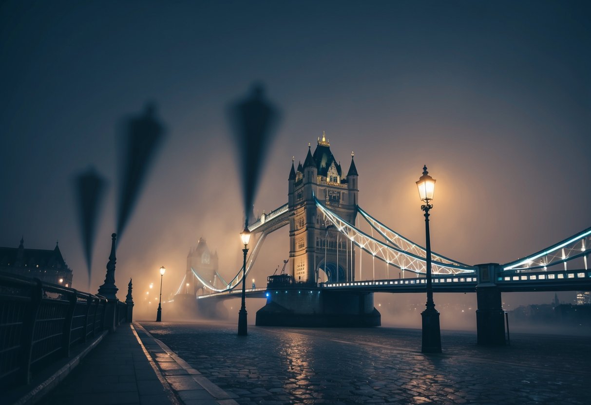 A misty night at London Bridge, with eerie shadows and dimly lit street lamps casting long, haunting silhouettes over the ancient stone structure