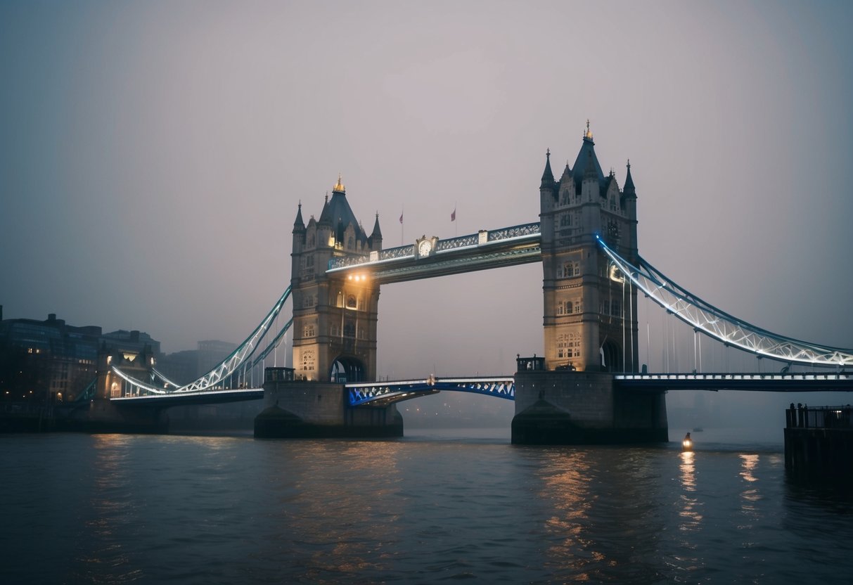 The foggy silhouette of London Bridge looms over the Thames, its ancient stone arches shrouded in mystery and history. The eerie atmosphere is heightened by the dim glow of gas lamps and the distant sound of echoing footsteps