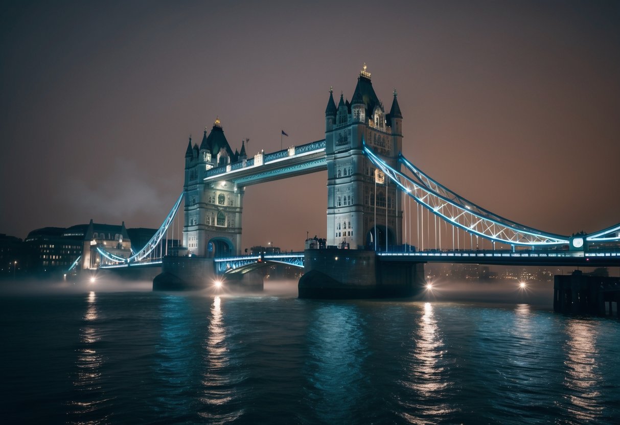 The London Bridge at night, shrouded in mist, with dark, looming architecture and eerie shadows cast by the dim streetlights