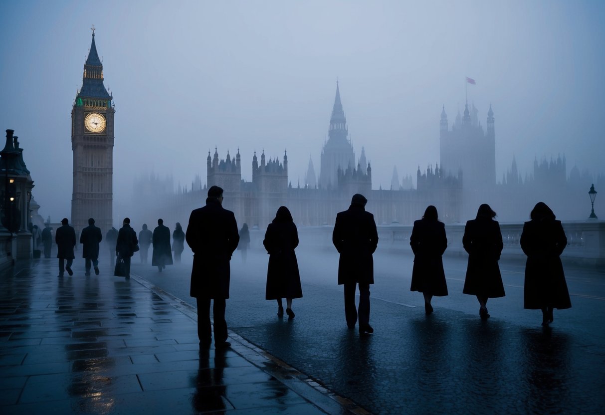 Mysterious fog shrouds iconic London landmarks. Eerie silhouettes of vanished figures linger in the shadows. An aura of mystery and intrigue envelops the city