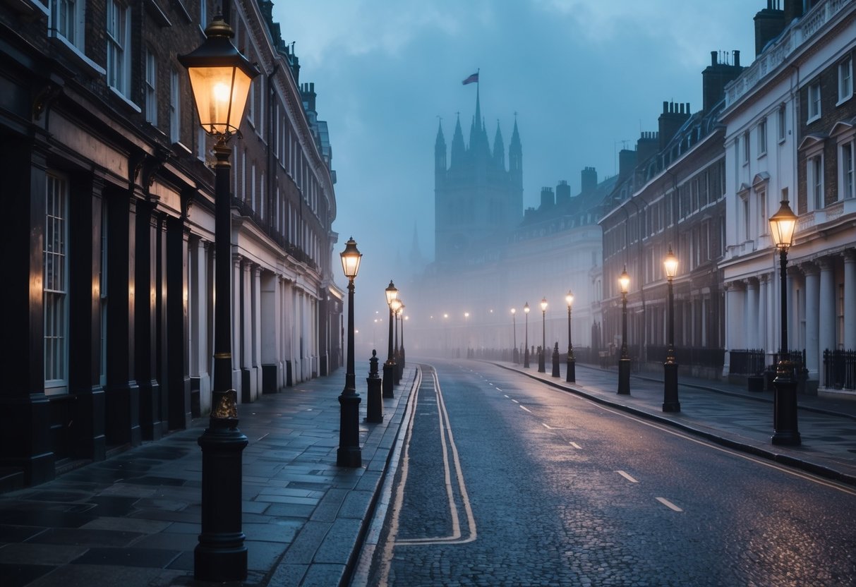 A foggy London street with old-fashioned gas lamps, cobblestone roads, and eerie shadows cast by historic buildings