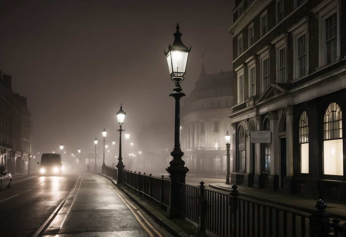 A foggy London street at night, with dimly lit gas lamps and eerie shadows, hinting at the mysterious disappearances that have occurred in the city's history