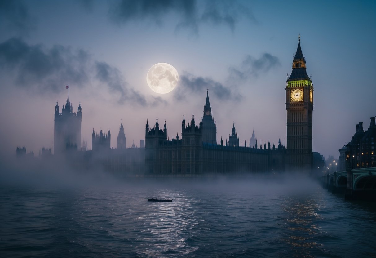 A misty, moonlit London skyline with iconic landmarks like the Tower of London and Big Ben, surrounded by swirling fog and mysterious shadows