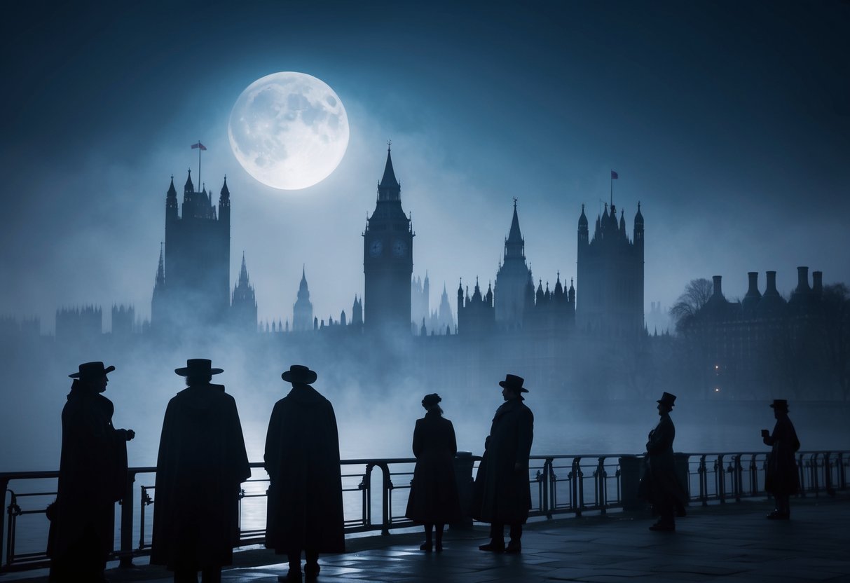 A misty, moonlit London skyline with iconic landmarks shrouded in mystery and folklore. Shadowy figures and ancient symbols hint at the origins of legendary myths