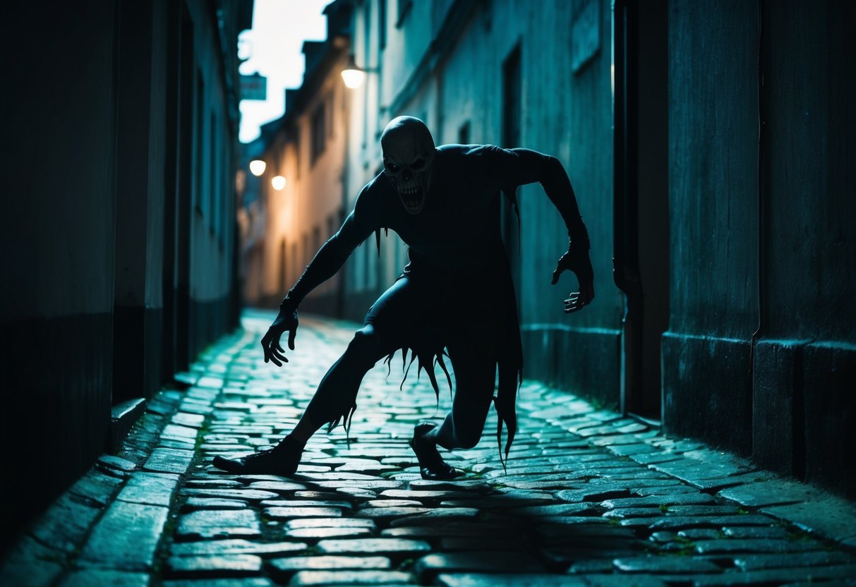 A shadowy figure lurks in the dimly lit alley, its form twisted and grotesque. The cobblestones seem to writhe beneath its feet as it moves with an eerie grace, exuding an aura of ancient malevolence