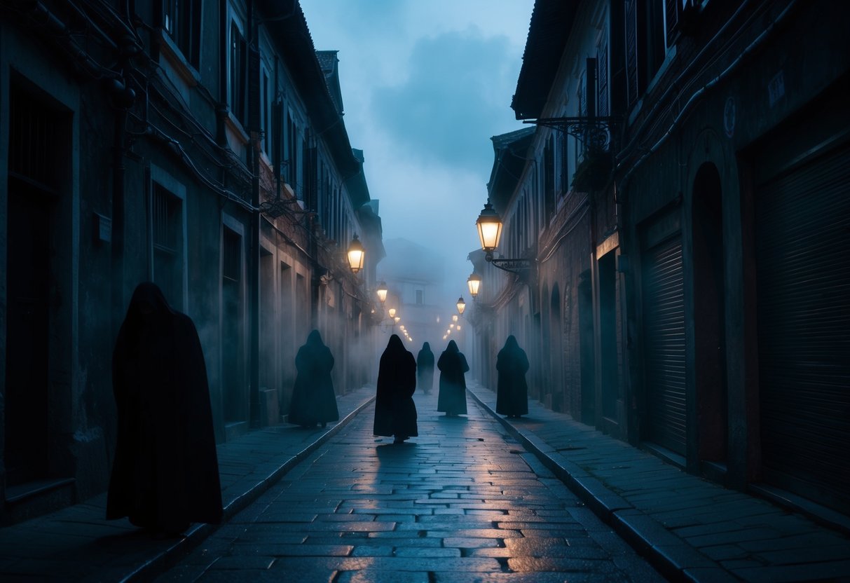 A shadowy alley lined with ancient buildings, illuminated by the soft glow of street lamps. Mysterious figures, shrouded in mist, emerge from the darkness