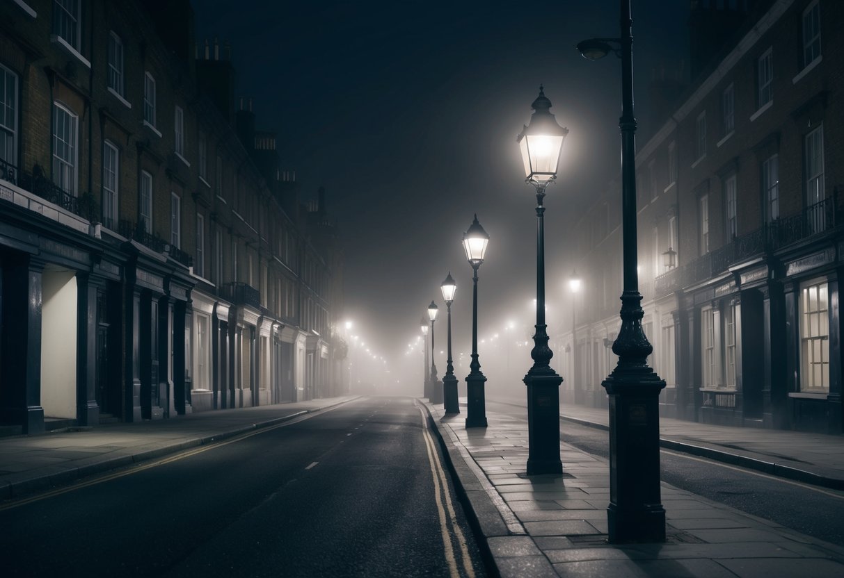 A foggy London street at night, with old, eerie buildings and dimly lit gas lamps casting long shadows. A subtle hint of something supernatural in the air