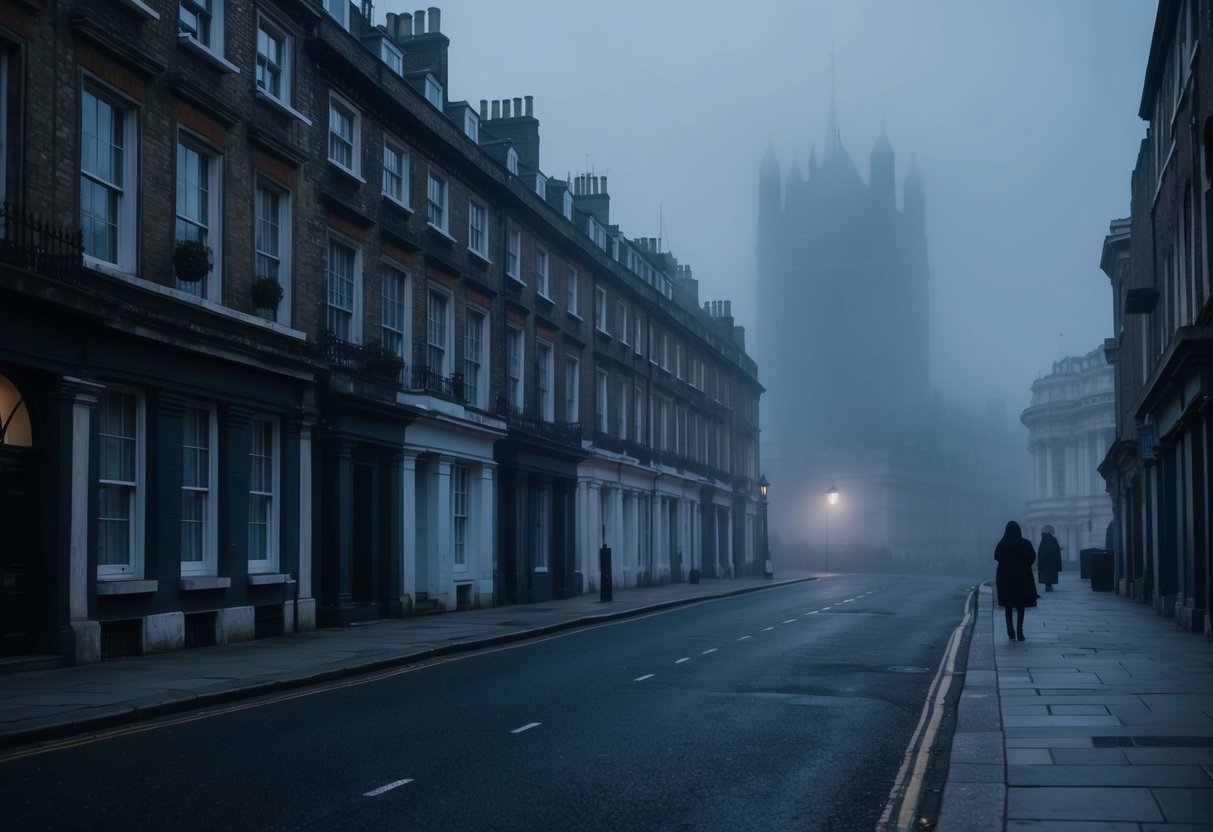 A foggy, moonlit London street lined with ancient buildings, casting eerie shadows. A ghostly figure lurks in the background, adding to the city's mysterious atmosphere