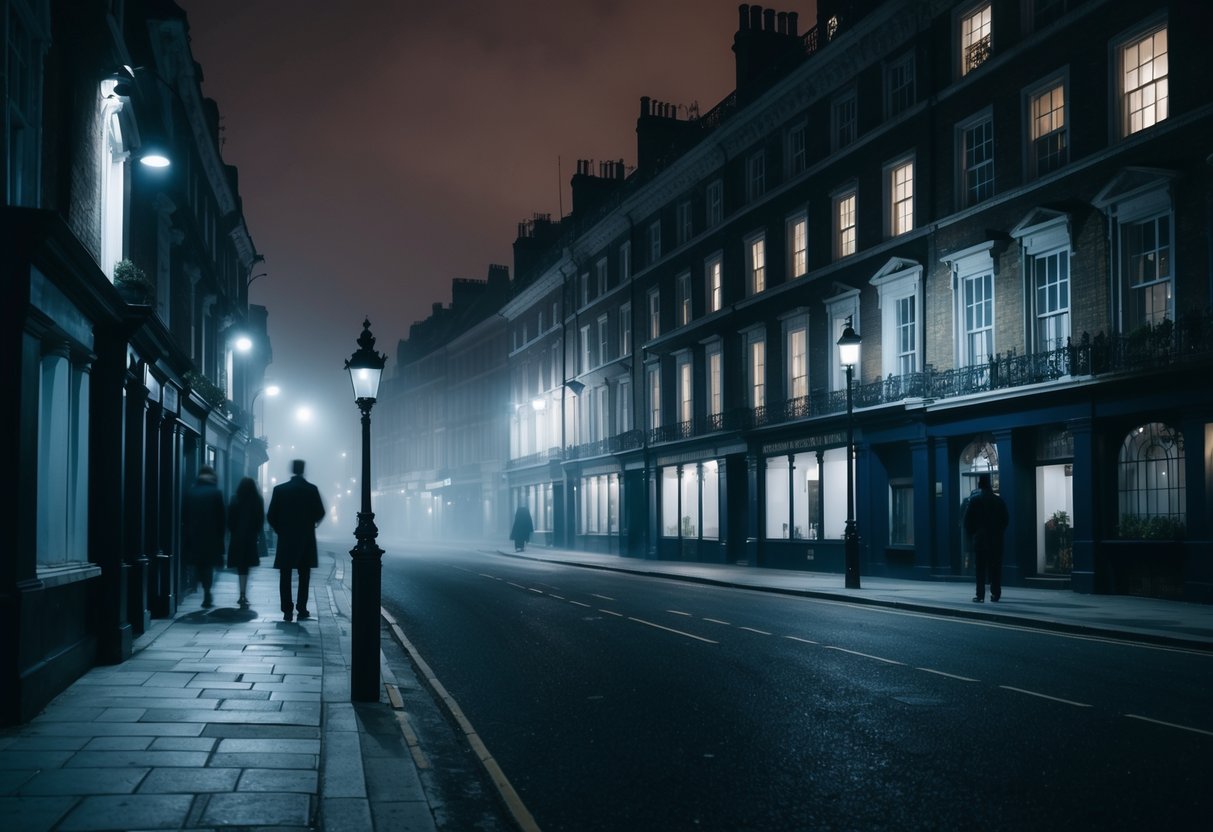 A foggy London street at night, with historic buildings and a sense of mystery. Ghostly figures and eerie shadows add to the atmosphere