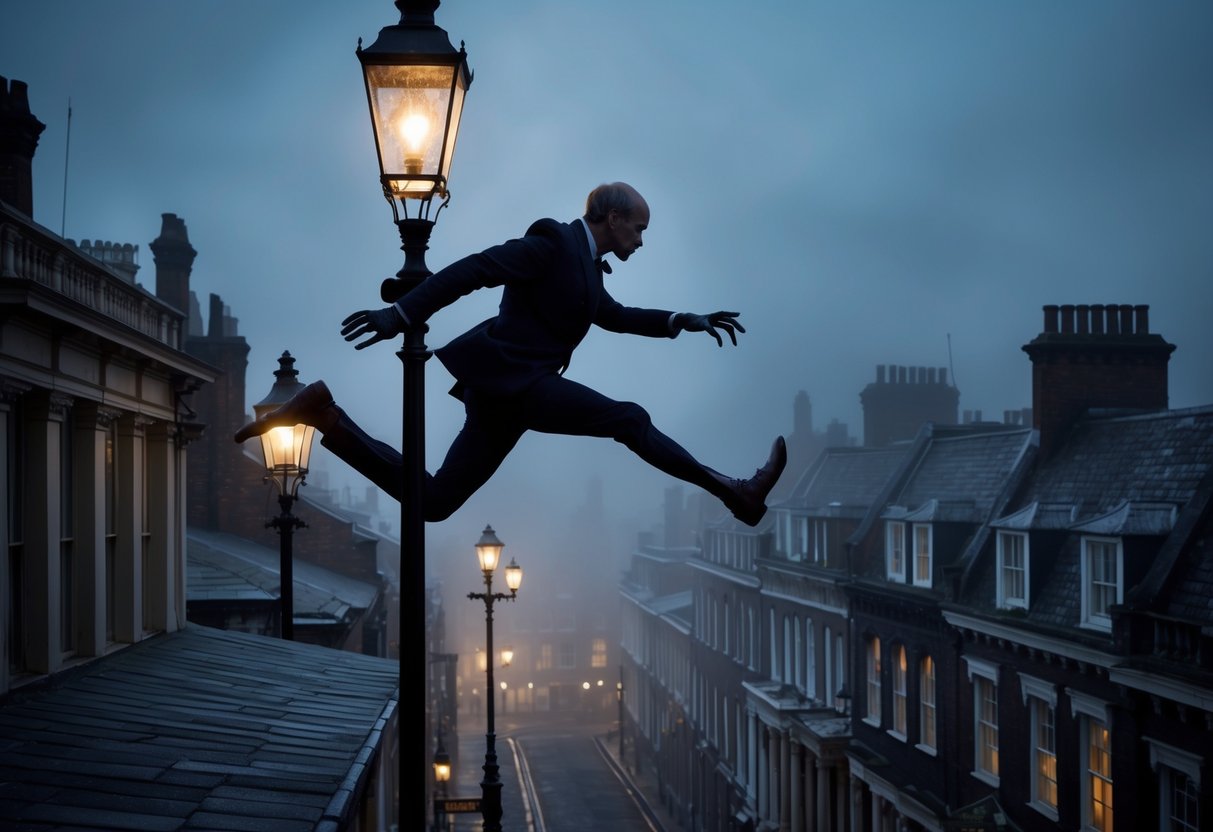 A dark, foggy Victorian street, with gas lamps and old buildings. A mysterious figure with elongated legs and a menacing presence leaps across the rooftops