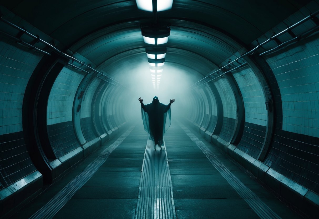 A ghostly figure floats through the dimly lit tunnels of the London Underground, surrounded by an eerie mist. Shadows dance on the walls, and a sense of unease fills the air