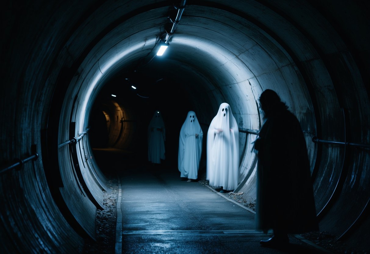 Dimly lit tunnels twist and turn, revealing ghostly figures and eerie whispers. Shadows dance on the damp walls, hinting at the unexplained mysteries lurking in London's Underground