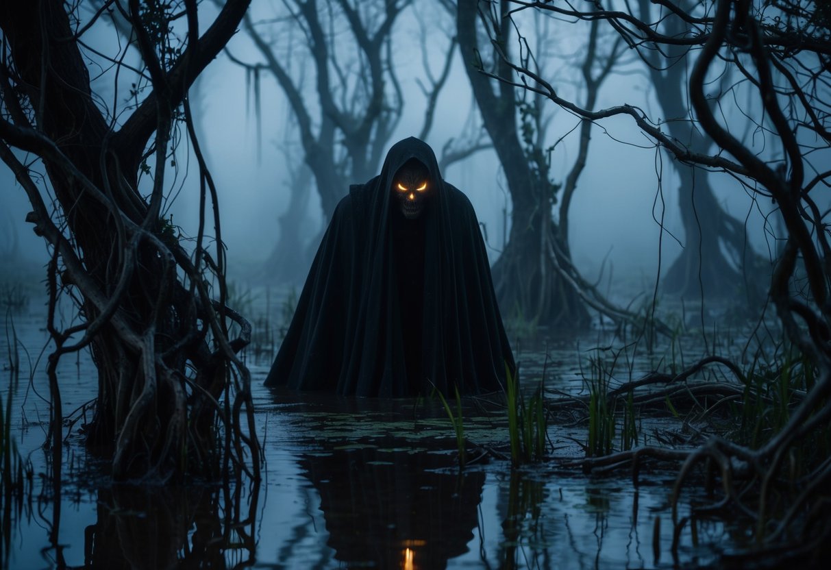 A dark figure lurked among the misty marshes, its piercing eyes glowing with an otherworldly light. Twisted trees and tangled vines formed a haunting backdrop to its malevolent presence