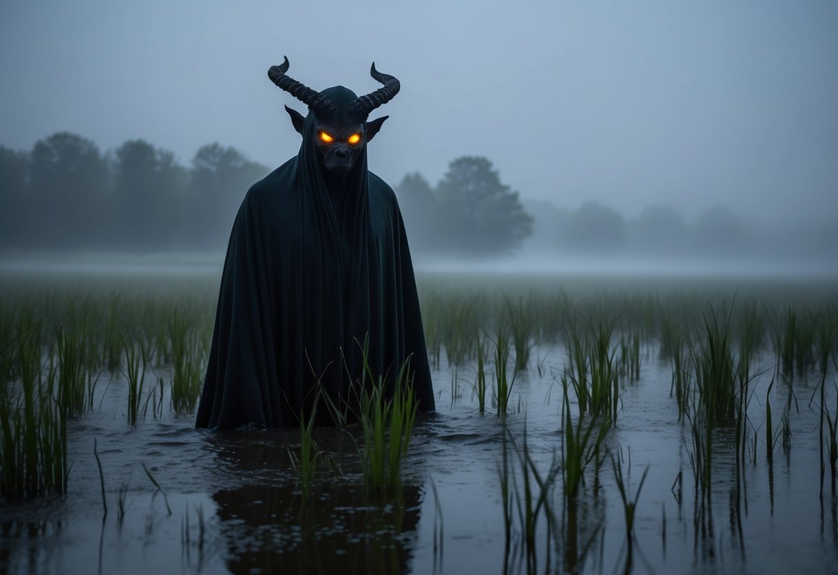 A shadowy figure emerges from the misty marsh, its glowing eyes and twisted horns striking fear into the hearts of onlookers