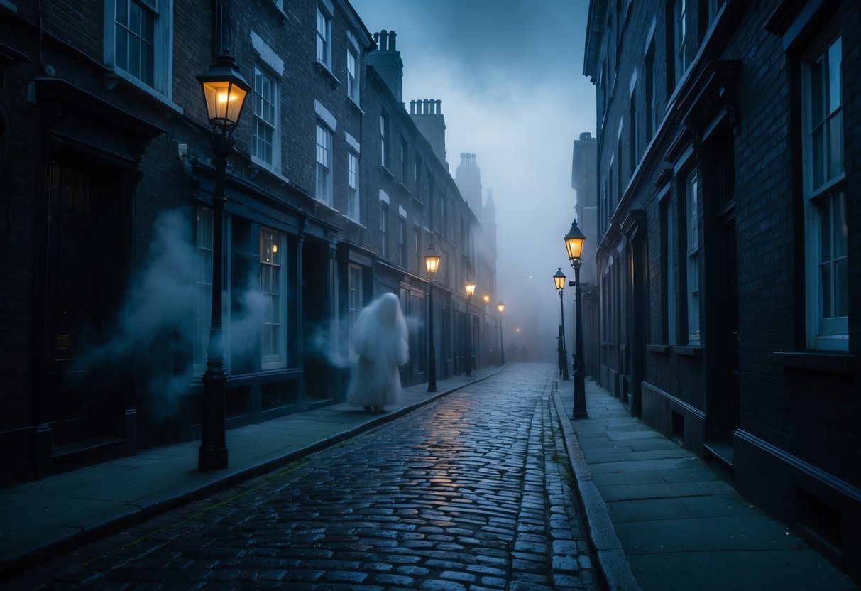 Dark alley with cobblestone streets, fog creeping in, old Victorian buildings with eerie shadows, flickering street lamps, and ghostly figures lurking in the shadows