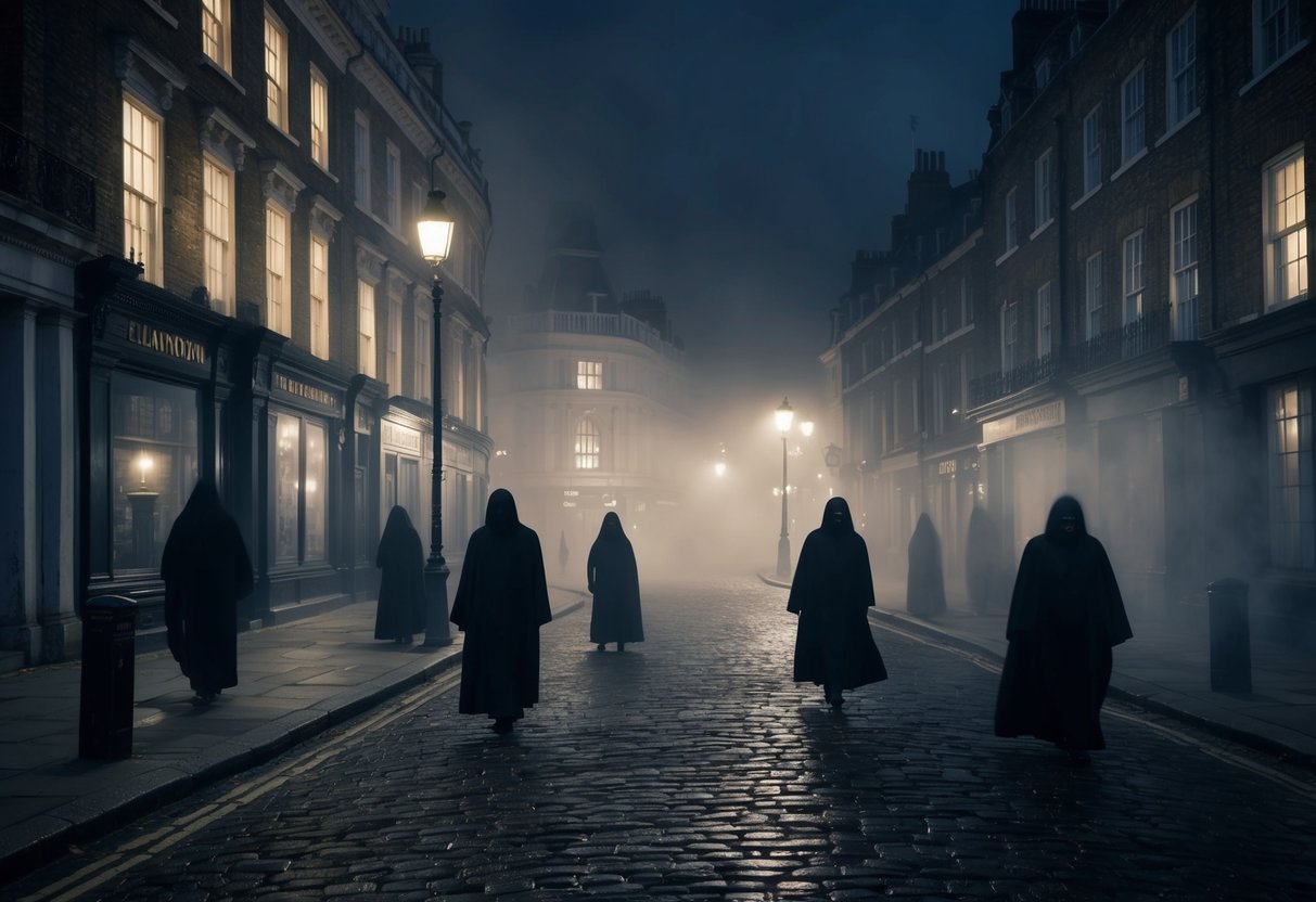 An eerie fog envelops the cobblestone streets of London, casting a haunting glow on the ancient buildings. Ghostly figures drift through the shadows, their spectral forms lingering in the historic city's most haunted locations