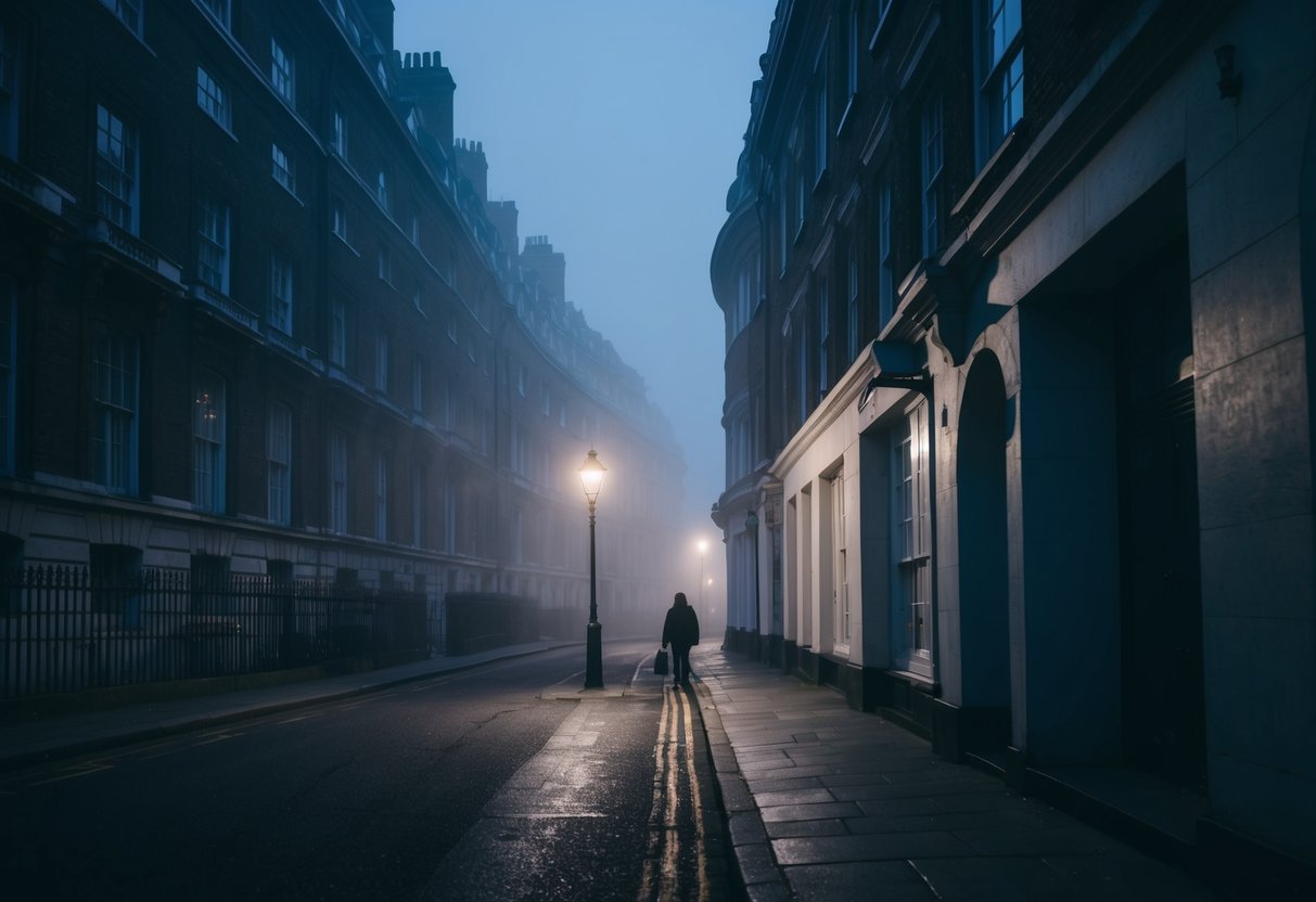 A foggy London street at night, with old, towering buildings casting long shadows. A flickering streetlamp illuminates a figure disappearing around a corner