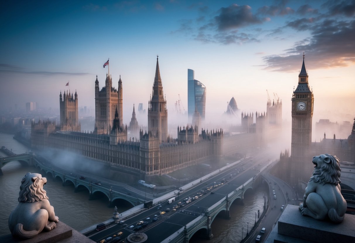 A misty, ancient cityscape with towering landmarks and winding streets, surrounded by mythical creatures and symbols of London's legendary origins