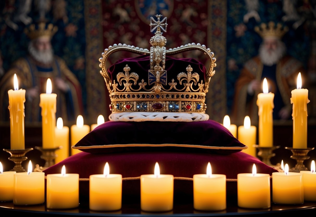 A regal crown sits atop a velvet cushion, surrounded by flickering candlelight and ornate tapestries, symbolizing the power and controversy of the infamous monarchs of the British Isles