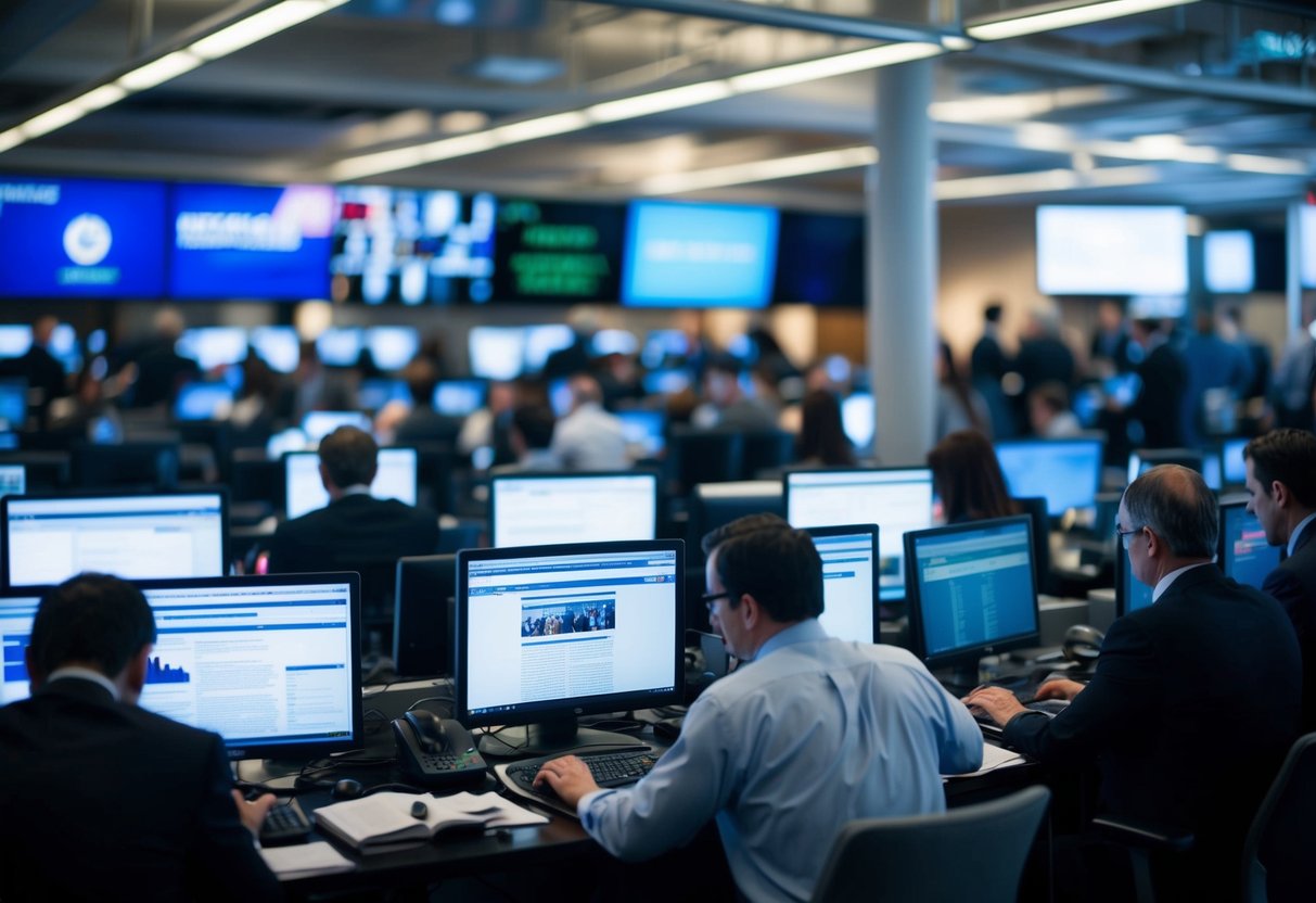 A crowded newsroom with reporters typing furiously, headlines flashing on screens, and a sense of urgency in the air