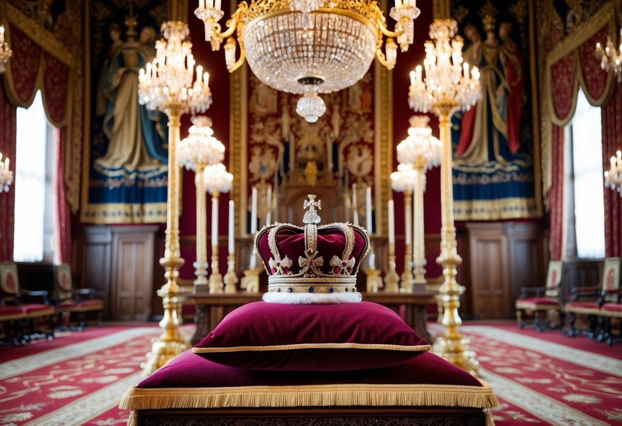 A majestic throne room filled with opulent decorations, grand tapestries, and elaborate chandeliers. A regal crown sits atop a velvet cushion, symbolizing the power and authority of Queen Elizabeth I