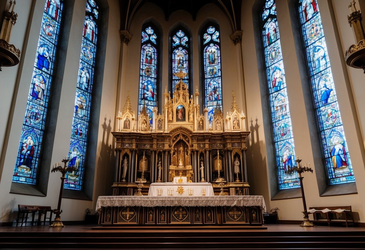 A grand cathedral with a crown-topped altar, surrounded by ornate stained glass windows and adorned with religious symbols