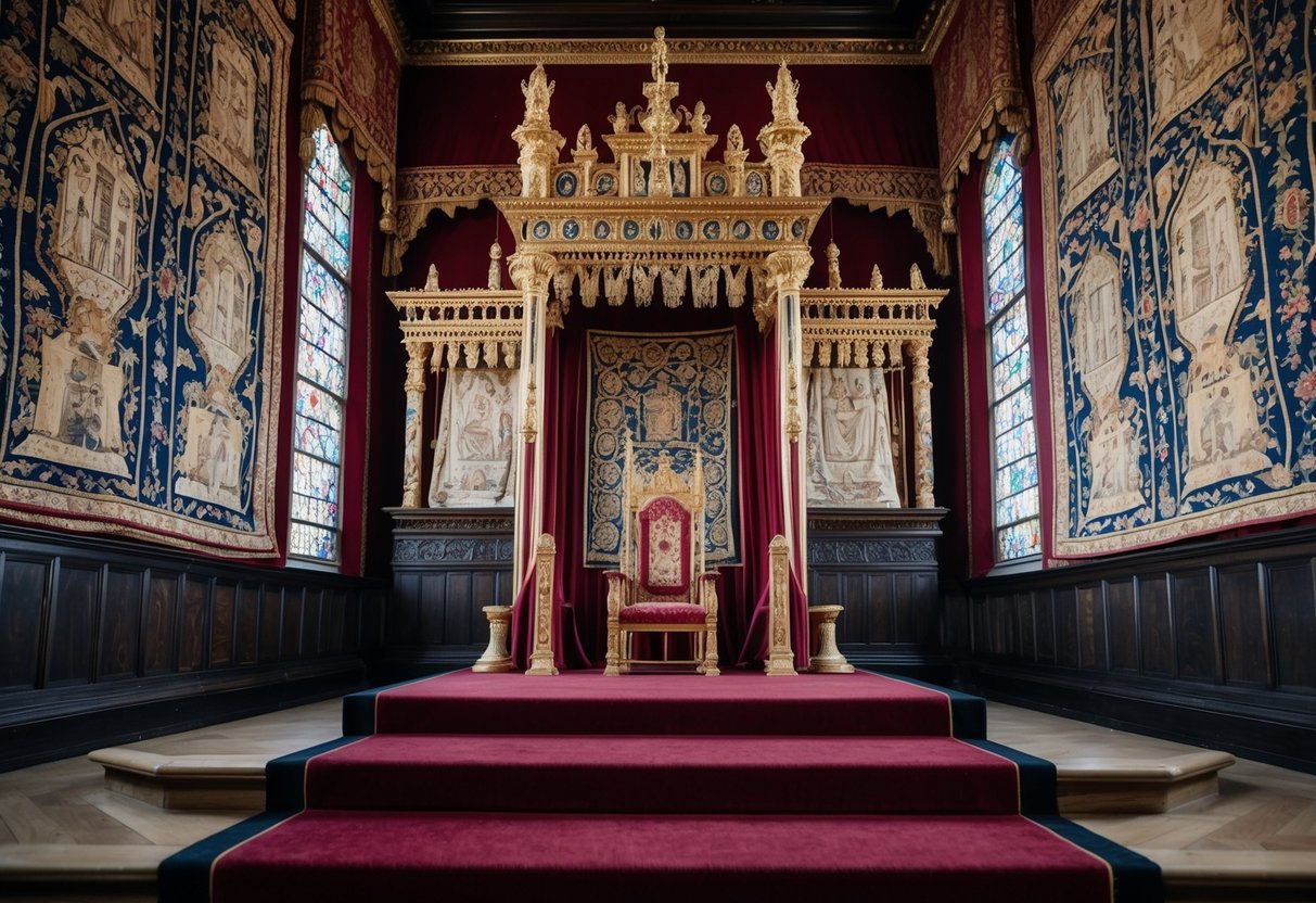 A grand and regal throne room adorned with ornate tapestries and gilded decorations, symbolizing the forgotten kings and queens of England