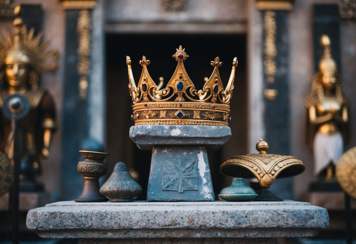 A regal crown sits atop a weathered stone pedestal, surrounded by ancient artifacts and symbols of royalty